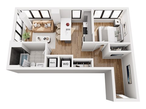 Floor plan for 1 bed, 1 bath, 630 sqft